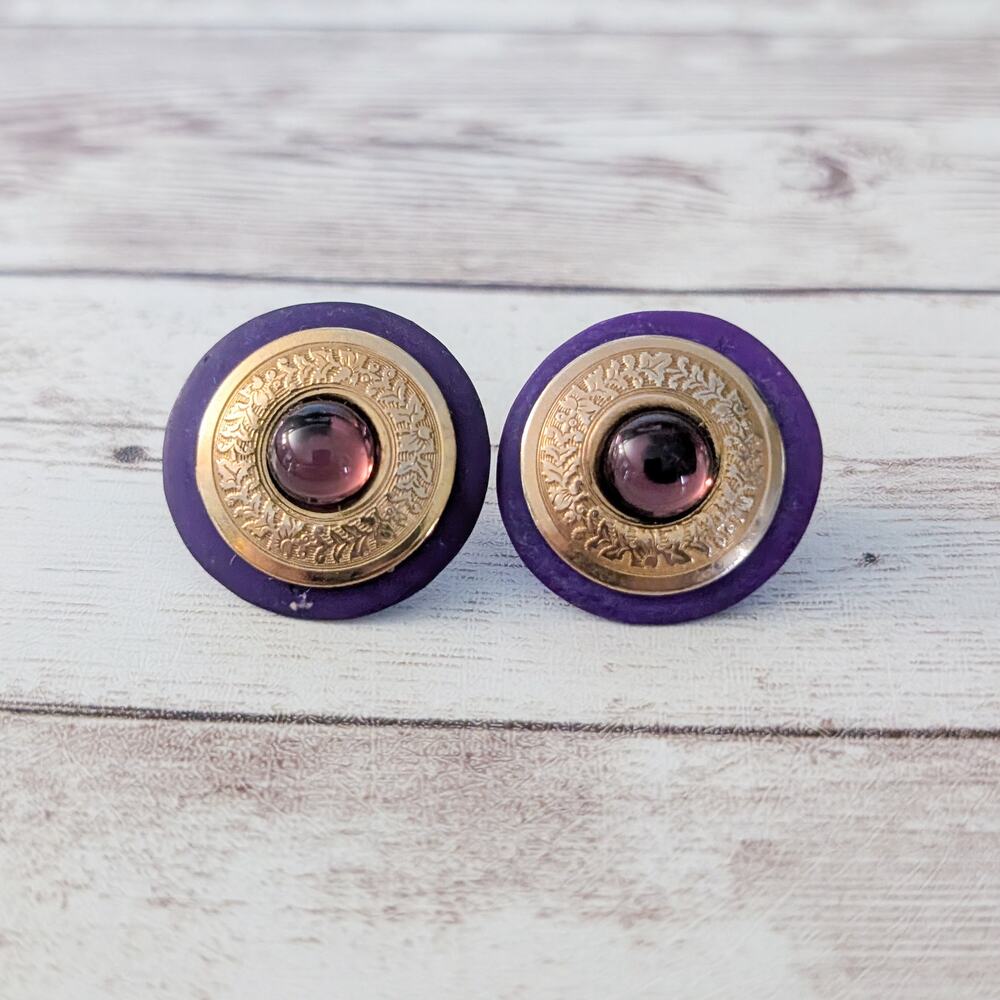 Vintage Stud Earrings Purple & Gold Tone Large Statement